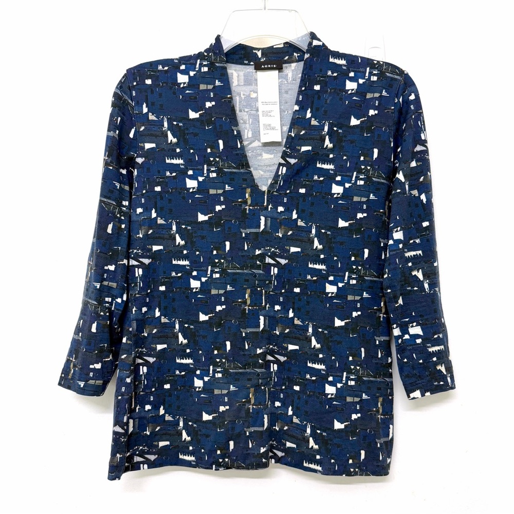 Akris Chefchaouen Print Top Blouse Cotton Navy Blue Building City Geo 8